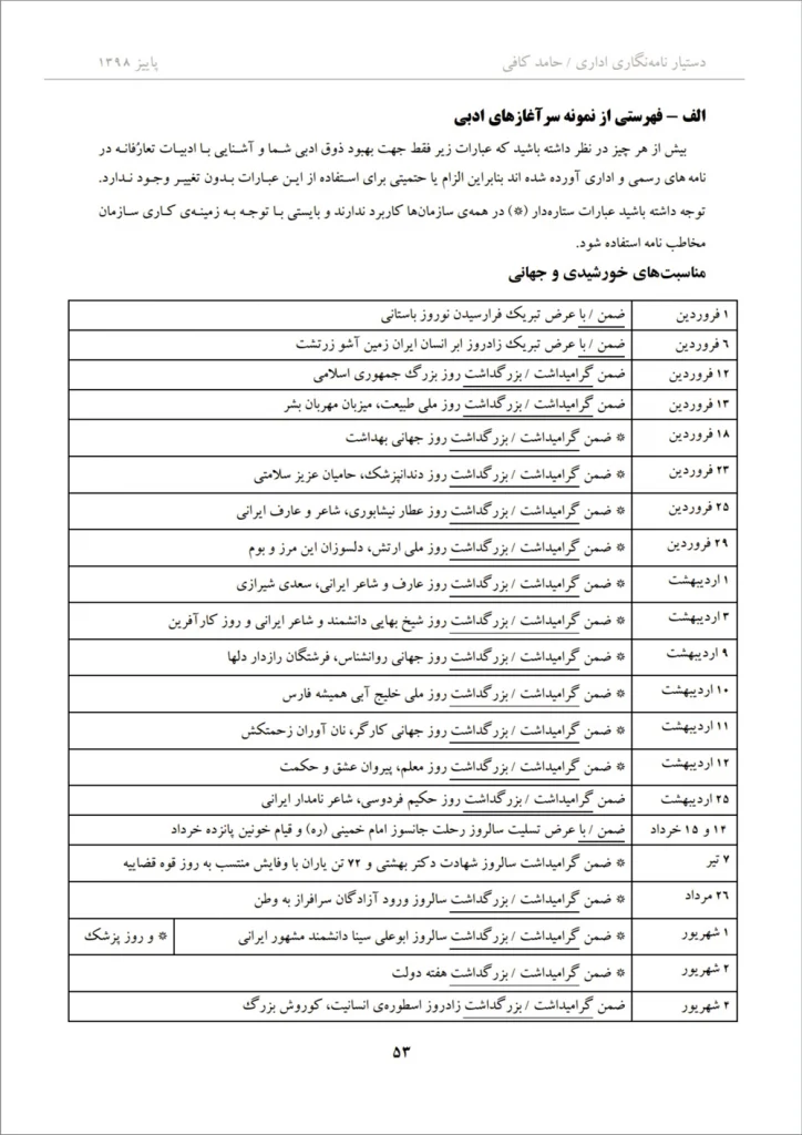 صفحه 53 کتاب دستیار نامه نگاری - سرآغاز تقویمی نامه